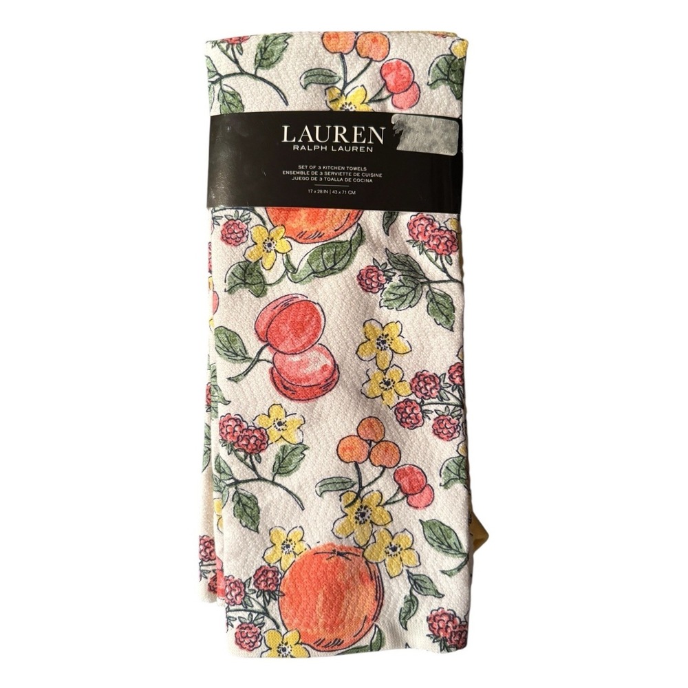 Ralph Lauren Kitchen Towels Set of 3 Fruit Floral Yellow 17 X 28 in  NWT